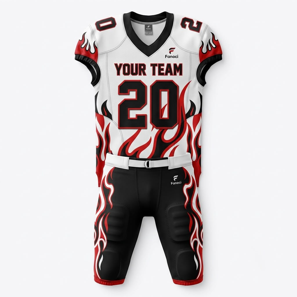 Custom White Flame American Football Uniform – Personalized Jersey & Pants Team Kit